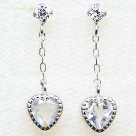 10金ホワイトゴールド キュービックジルコニアとブルームーンストーンのピアス