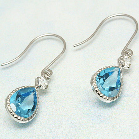 キュービックジルコニアとブルートパーズの10金ホワイトゴールドフックピアス