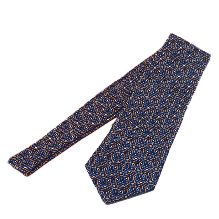 富士屋◆ エルメス HERMES シルク ネクタイ 幾何学柄 ブルー系【中古】