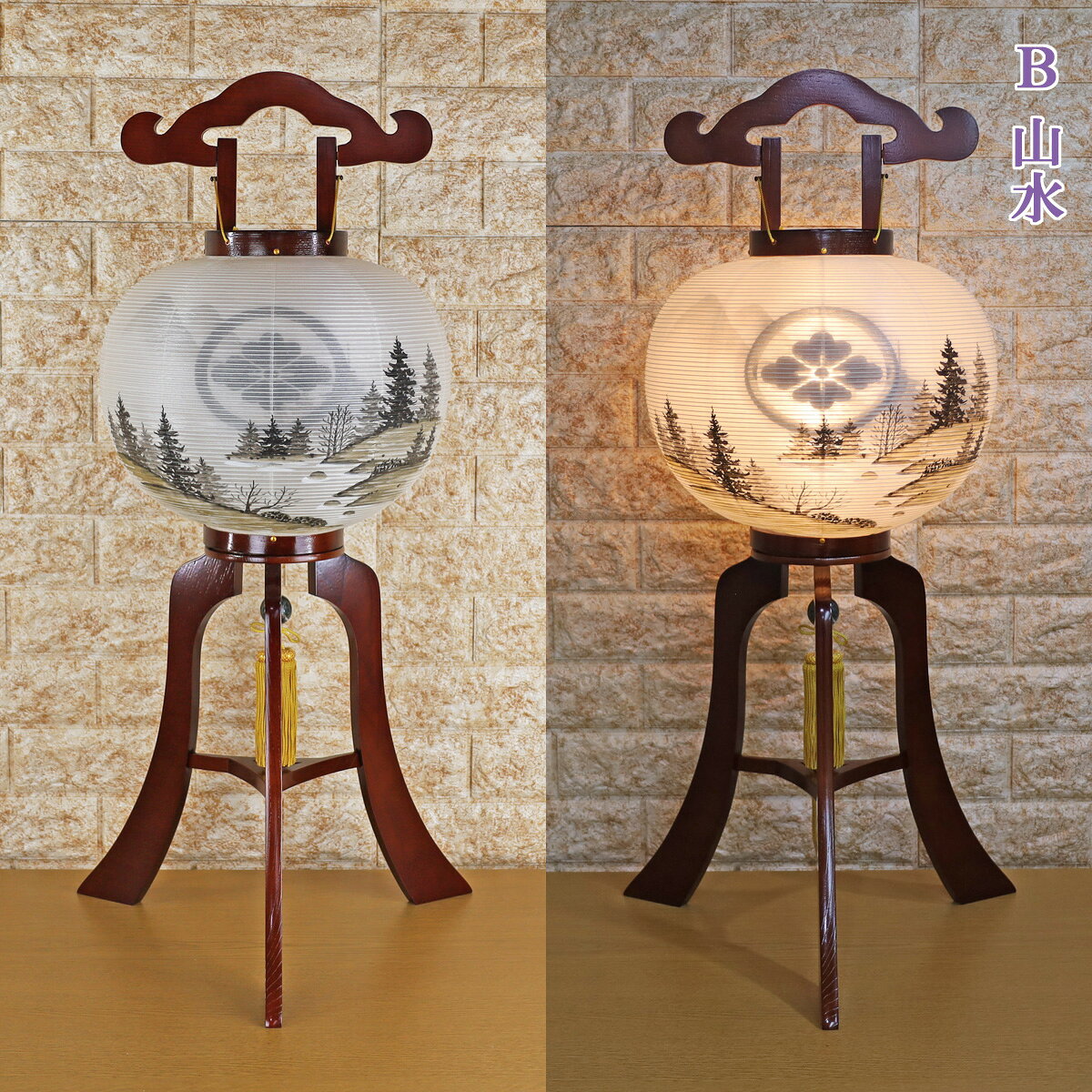 提灯 ちょうちん 11号 木製(尺一 紫檀 大内提灯 絹二絵 70-11H) 初盆 新盆 お盆 盆提灯 家紋入り 大内 家紋 入り 無料 防虫剤 乾燥剤 サービス 盆