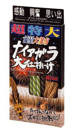 一般的に花火大会の クライマックスで行われる 大掛かりな仕掛け花火です。 この花火は全幅7メートル もある本格的なナイアガラが 自分で出来ます。 さらに連結で使用すれば 14m、21mも可能です。 今年のクライマックスは、 これで決まり！ この花火は、12本個々に 点火して頂きます。 導火線による連結は、 法律上禁止されています。 連結点火には、資格と 許可が必要です。 高さ30センチ・ 全幅7メートル（仕掛済の大きさ） 総火薬量72g（6g×12本）花火一覧は、こちらのバナーから！！