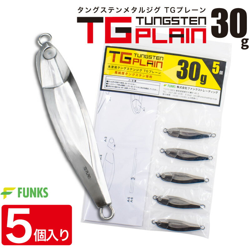 FUNKS TGプレーン 30g 5個 タングステン ジグ 未塗装 メタルジグ 無垢 タングステンジグ ジギング tungsten 左右非対称 オフショア タイラバ 深海 中深海 深場 シンカイ 青物 ヒラメ DIY 自作 シンカー TG 手作り 無塗装 ベイト ホログラムシール ストレッチシール