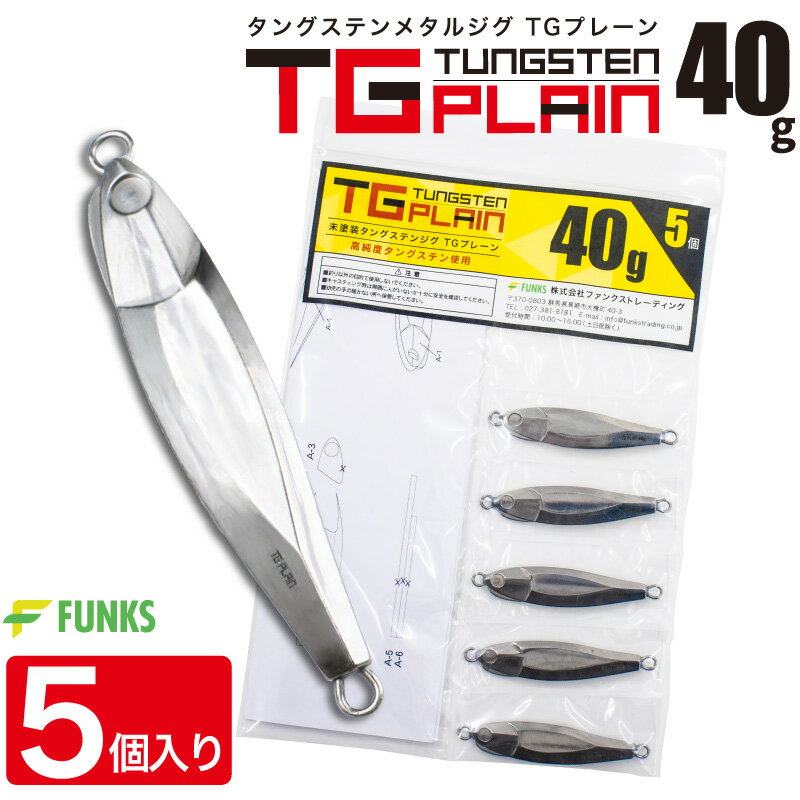 FUNKS TGプレーン 40g 5個 タングステン ジグ 未塗装 メタルジグ 無垢 タングステンジグ ジギング tungsten 左右非対称 オフショア タイラバ 深海 中深海 深場 シンカイ 青物 ヒラメ DIY 自作 シンカー TG 手作り 無塗装 ベイト ホログラムシール ストレッチシール 1