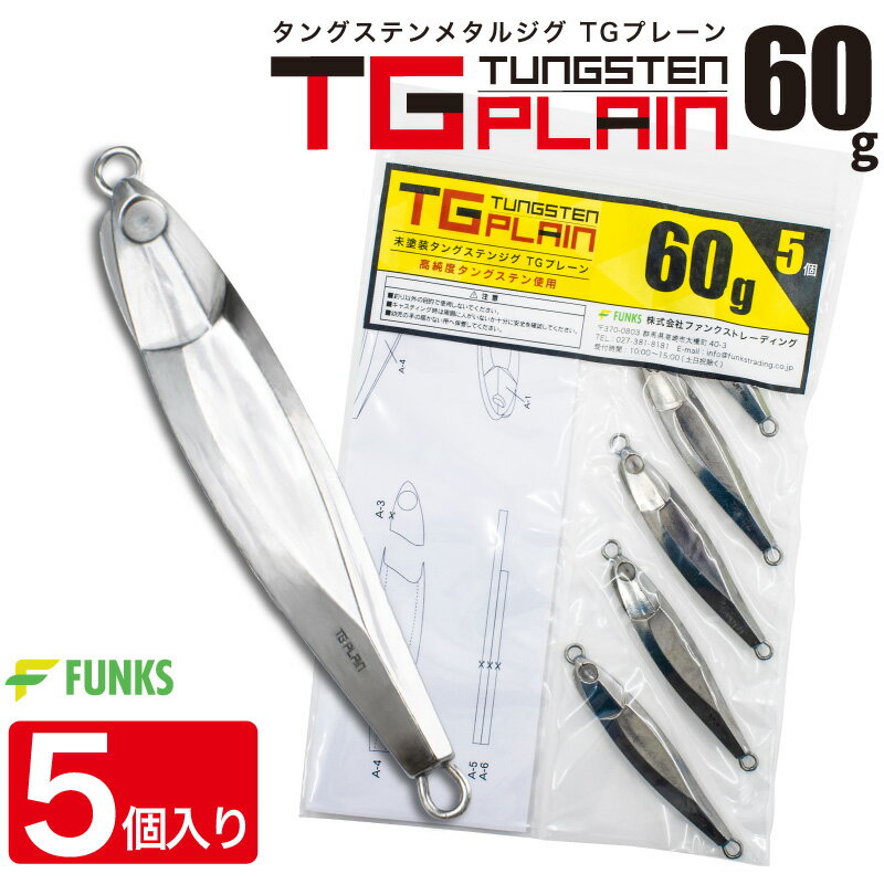 FUNKS TGプレーン 60g 5個 タングステン ジグ 未塗装 メタルジグ 無垢 タングステンジグ ジギング tungsten 左右非対称 オフショア タイラバ 深海 中深海 深場 シンカイ 青物 ヒラメ DIY 自作 シンカー TG 手作り 無塗装 ベイト ホログラムシール ストレッチシール