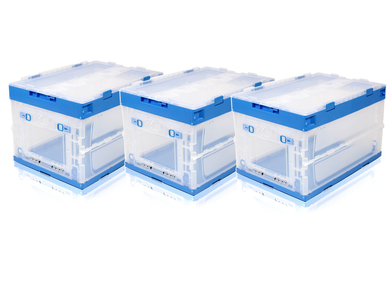 折り畳みコンテナ 50L 中窓1箇所付(短辺1) 3個セット 透明&青◆折りたたみコンテナ 積んだまま取出せる オリコン コンテナ 折り畳み可能 ツールボックス 崩落防止サイドロック付き