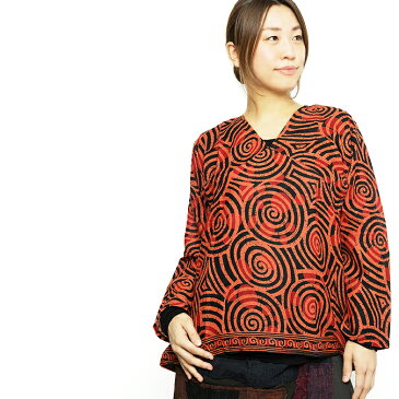 エスニック シャツ ブラウス レディース ぐるぐる柄 【エスニックファッション アジアンファッション エスニックシャツ レディースシャツ カジュアルシャツ オレンジ】