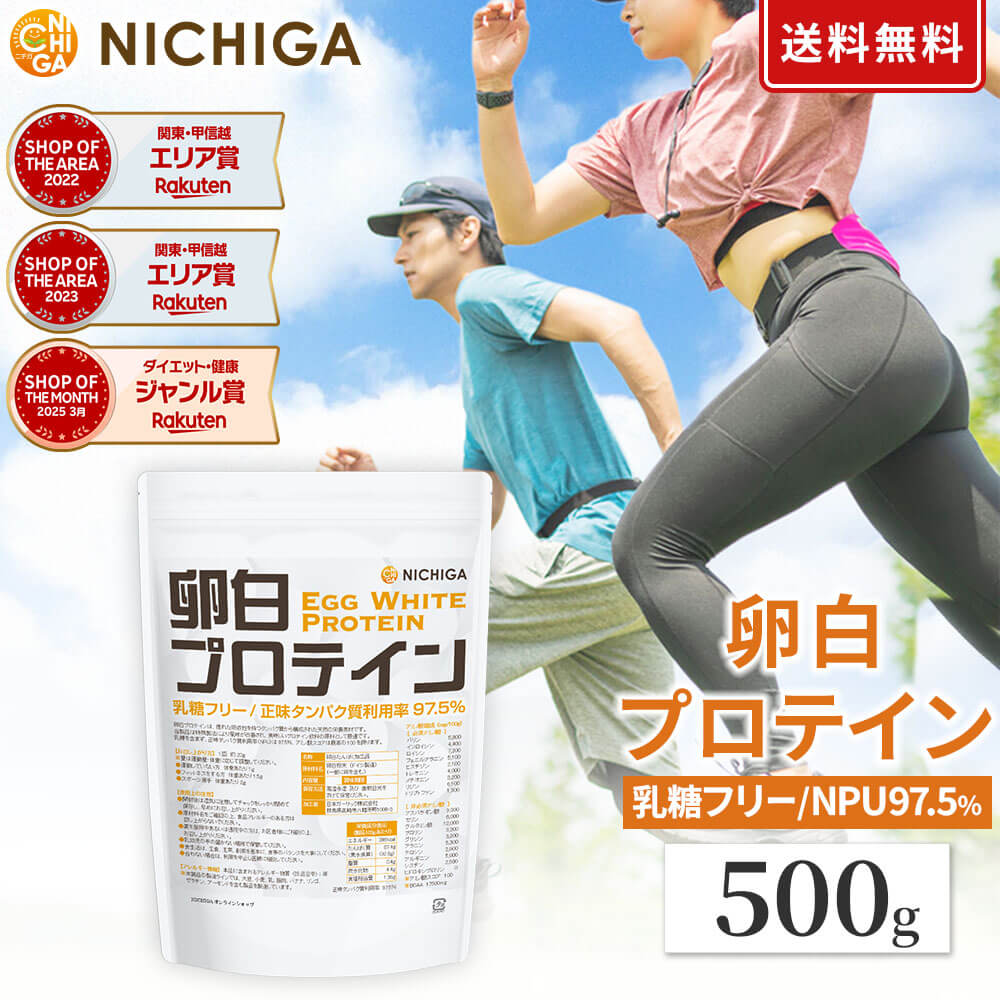 卵白プロテイン 500g 【送料無料】【メール便で郵便ポストにお届け】【代引不可】【時間指定不可】Egg White Protein 乳糖フリー 正味タンパク質利用率 97.5％ エッグプロテイン [05] NICHIGA(ニチガ)