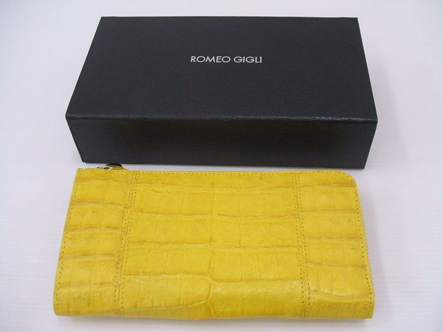 ROMEO GIGLI クロコダイル ワニ革 Henglong croco L字ファスナー 定価35000 FERRY 長財布 イエロー ロメオジリ【中古】1-0412G∞