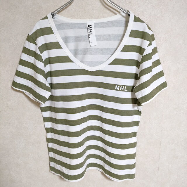 MHL. ロゴ ボーダー 578-168176 サイズ2 半袖Tシャツ カットソー ホワイト カーキ レディース エムエイチエル【中古】4-0513S