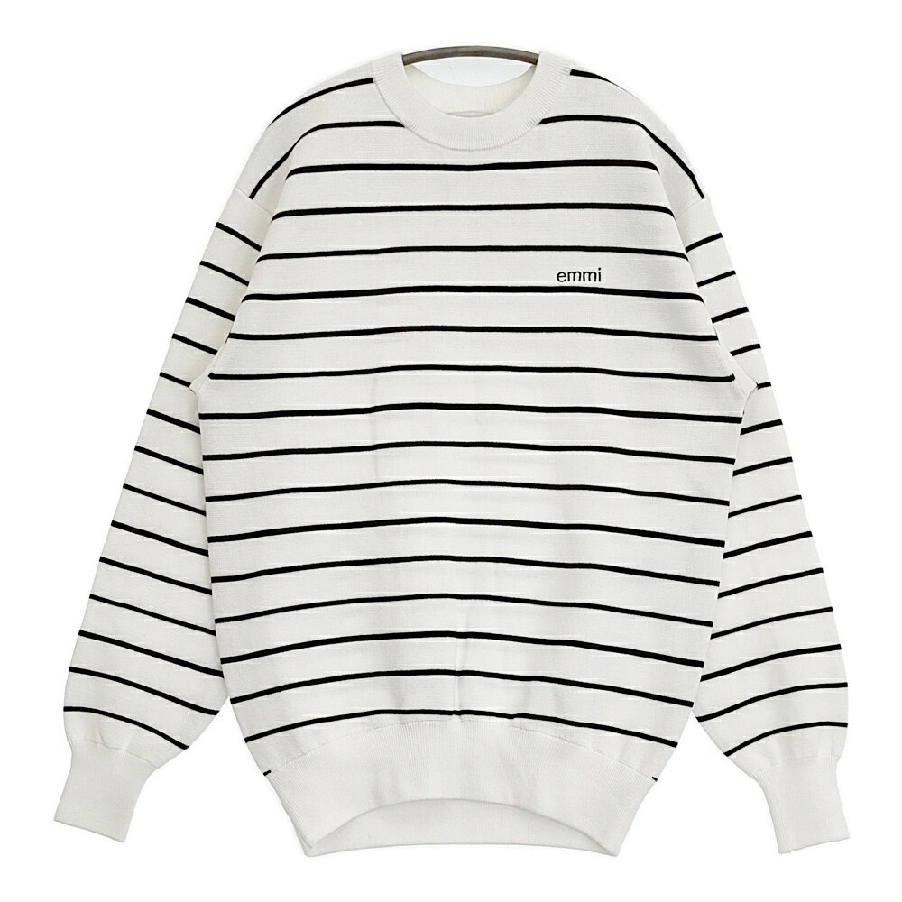 emmi 10th emmiロゴミラノリブトップス 定価15400円 ボーダー コットン ニット 25SS ホワイト ブラック レディース エミ【中古】5-0718M
