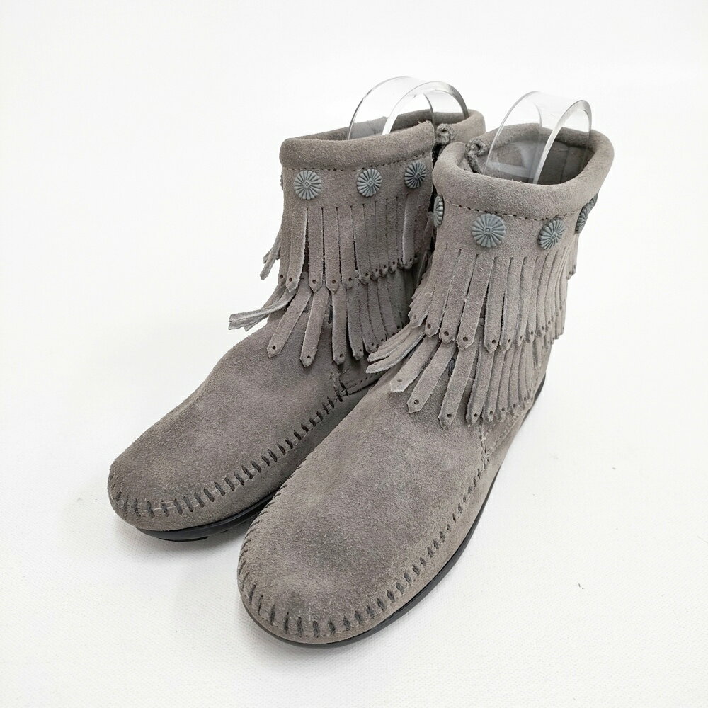 Minnetonka ダブルフリンジサイドジップ ショートブーツ サイズ5.5 ブーツ グレー レディース ミネトンカ【中古】5-1120T(4.0)