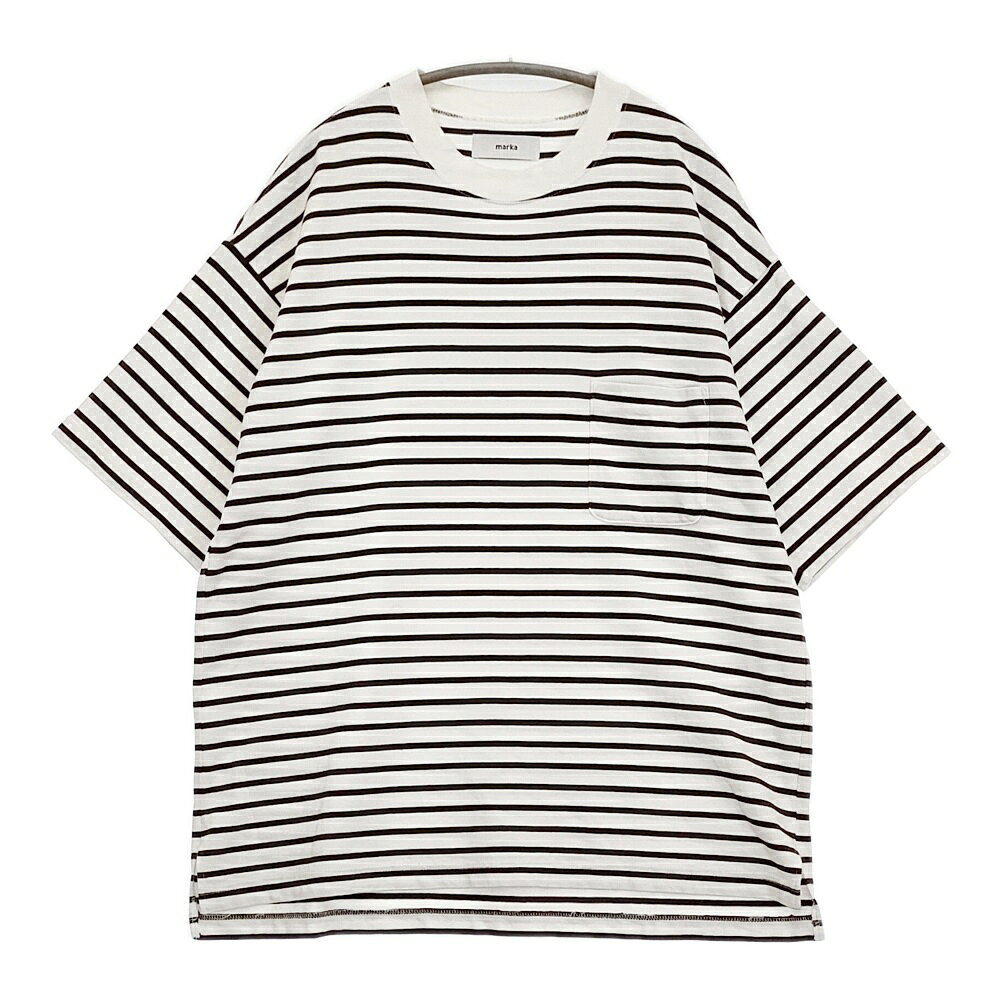 Rakuten - marka POCKET TEE S/S cotton knit boder サイズ2 定価14300円 ボーダー オーバーサイズ 半袖Tシャツ カットソー ホワイト ブラウン メンズ マーカ【中古】6-0512S