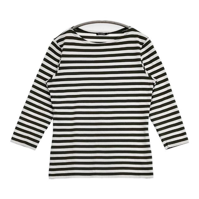marimekko 七分袖 コットン ボーダー Tシャツ カットソー グリーン ホワイト レディース マリメッコ【中古】6-0510M
