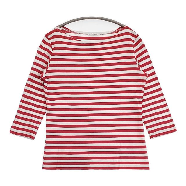 marimekko 七分袖 コットン ボーダー Tシャツ カットソー ホワイト レッド レディース マリメッコ【中古】6-0510M