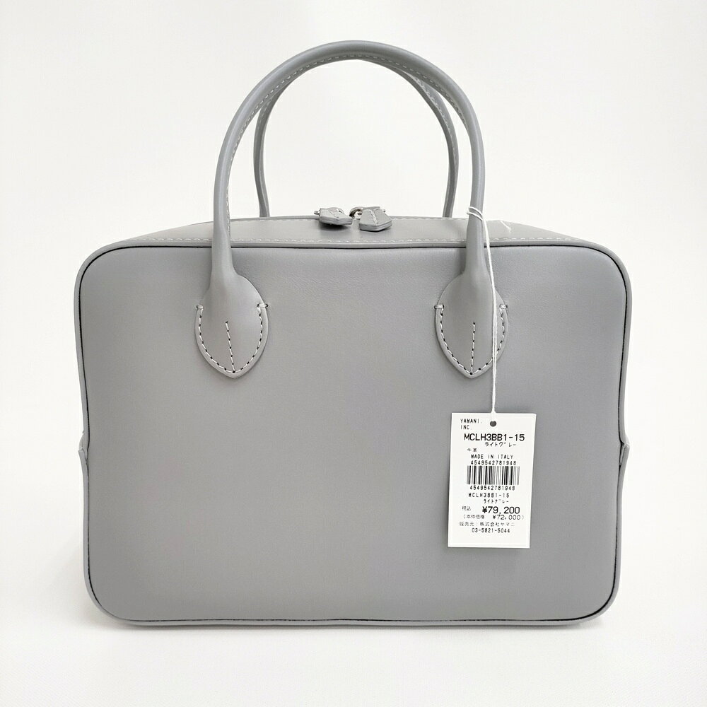 MAISON CANAU 未使用 スムースレザーボックスボストンバッグ Mサイズ 定価79200円 イタリア製 ボストンバッグ ライトグレー レディース メゾンカナウ【中古】6-0908G