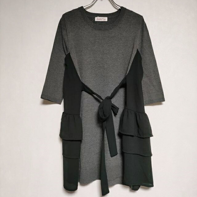 dahl’ia サイド切替 コットンニットドレス ワンピース グレー ブラック レディース ダリア【中古】4-1202M