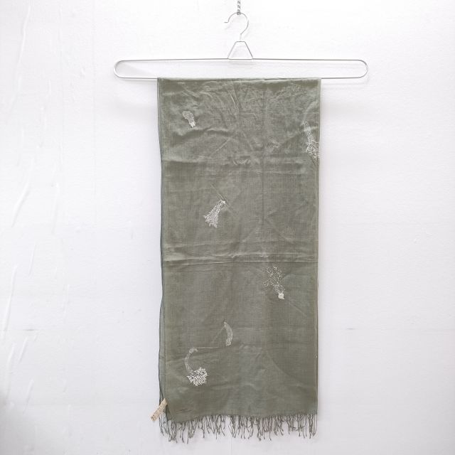 babaghuri J0582ESF86 刺繍 フリンジ コットン マフラー ストール カーキ レディース ババグーリ【中古】4-0613M