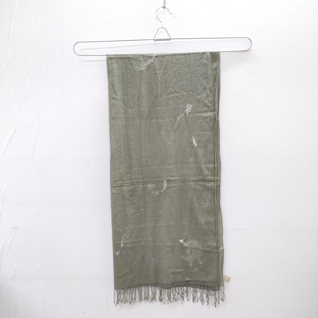 babaghuri J0582ESF86 刺繍 フリンジ コットン マフラー ストール カーキ レディース ババグーリ【中古】4-0613M