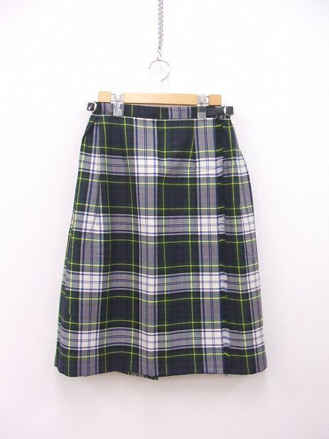 O’NEIL of DUBLIN プリーツ ラップスカート チェック ウール 巻き スカート ホワイト グリーン レディース オニールオブダブリン【中古】2-1120T