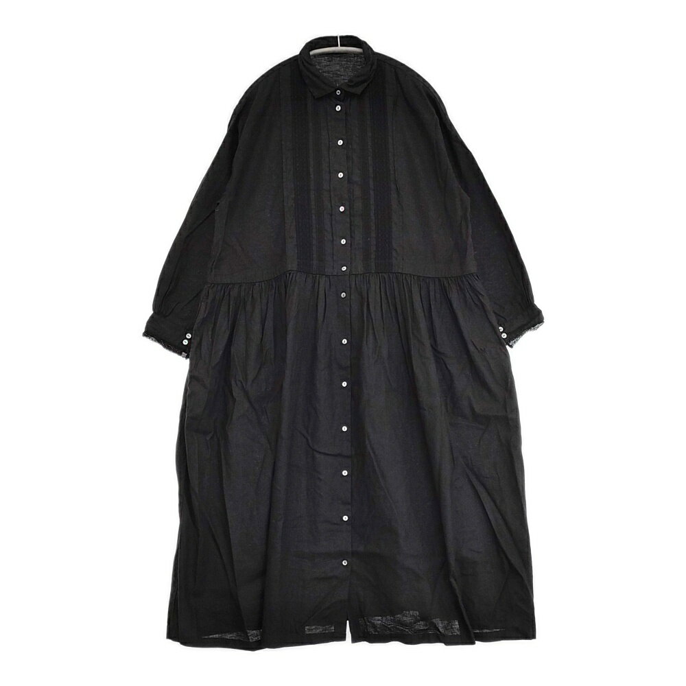 Rakuten - nest Robe 01231-1293 UpcycleLino レース襟付きワンピース コットンリネン シャツワンピース サイズF ワンピース ブラック レディース ネストローブ【中古】6-0525M