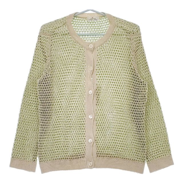 L'EQUIPE YOSHIE INABA メッシュ編み リネンコットン カーディガン ベージュ グリーン レディース レキップヨシエイナバ【中古】5-0416M