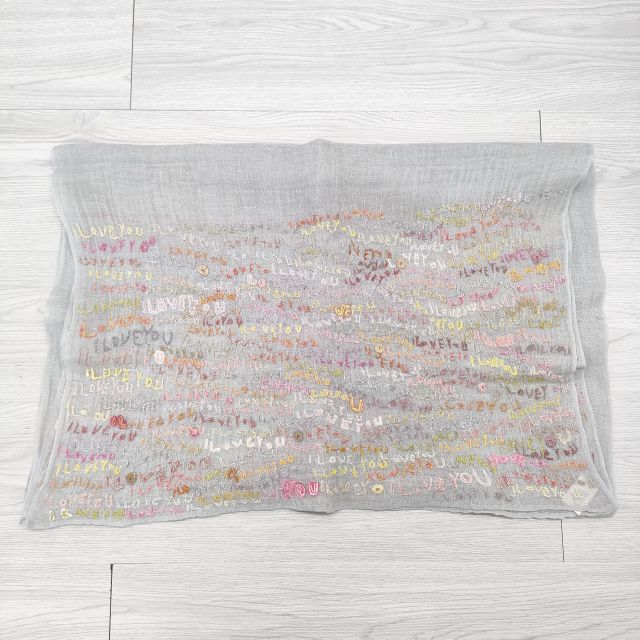 Sophie DIGARD LOVE LINEN EMBROIDED SCARF 刺繍 リネン マフラー ストール ライトグレー レディース ソフィーディガール【中古】4-0408M◎