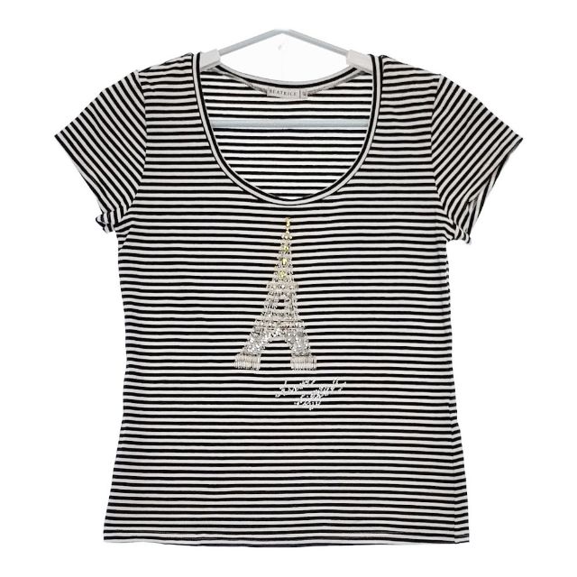 BEATRICE エッフェル塔 スパンコール ボーダー 半袖Tシャツ カットソー ブラック ホワイト レディース ベアトリス【中古】5-0529S