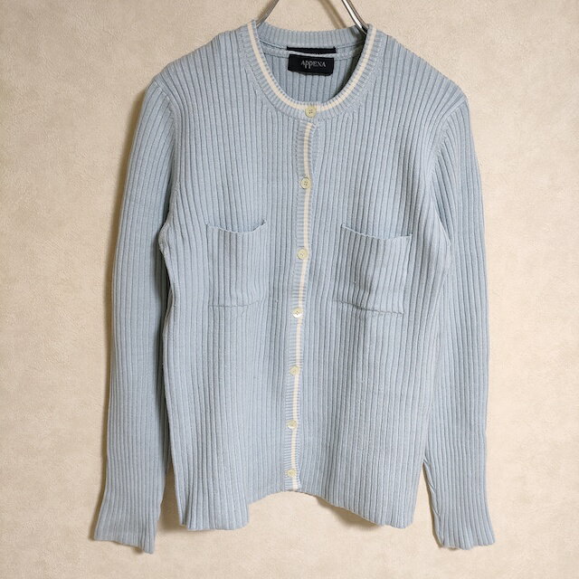 APPENA シルク ツイン 半袖ニット リブ カーディガン ライトブルー レディース アペーナ【中古】3-1014M