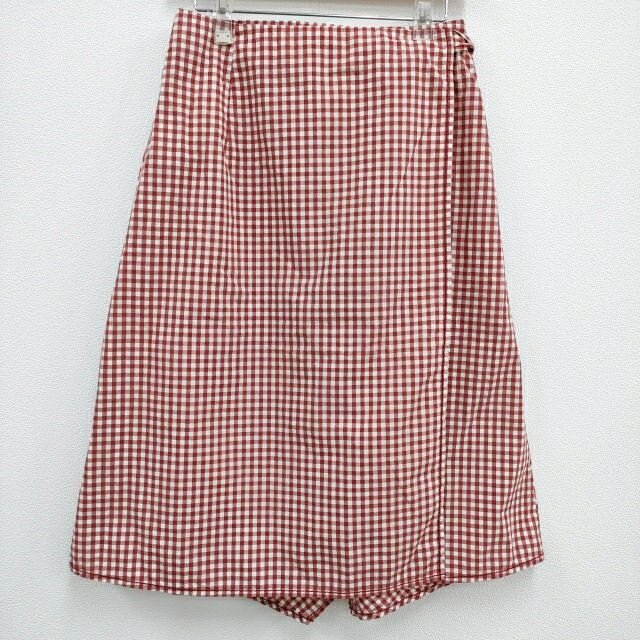 ブランド古着の専門店 ジージーのhomspun 151-4394 サイズF ギンガムチェック 変形ラップスカート スカート レッド ホワイト レディース ホームスパン【中古】4-0508M｜アングル2