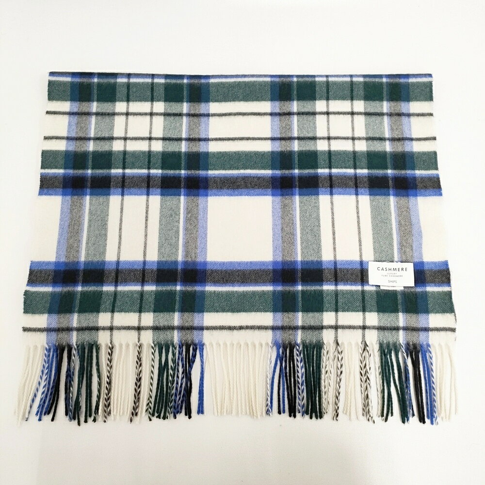 SHIPS CASHMERE CHK STOLE カシミヤ100％ 定価25920円 フリンジ ストール ホワイト グリーン レディース シップス【中古】5-1111T