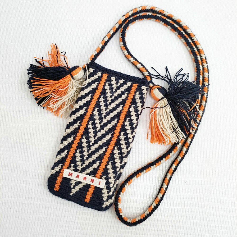 MARNI 24AW クロシェット ニット タッセル スマホショルダー ショルダーバッグ ネイビー オレンジ メン..