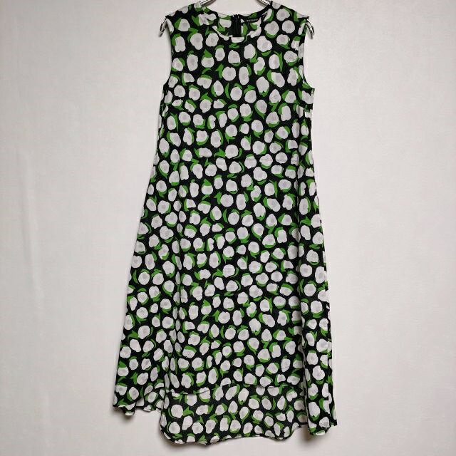 marimekko 花柄 コットン ノースリーブドレス ワンピース グリーン ブラック レディース マリメッコ【中古】3-0611S∞