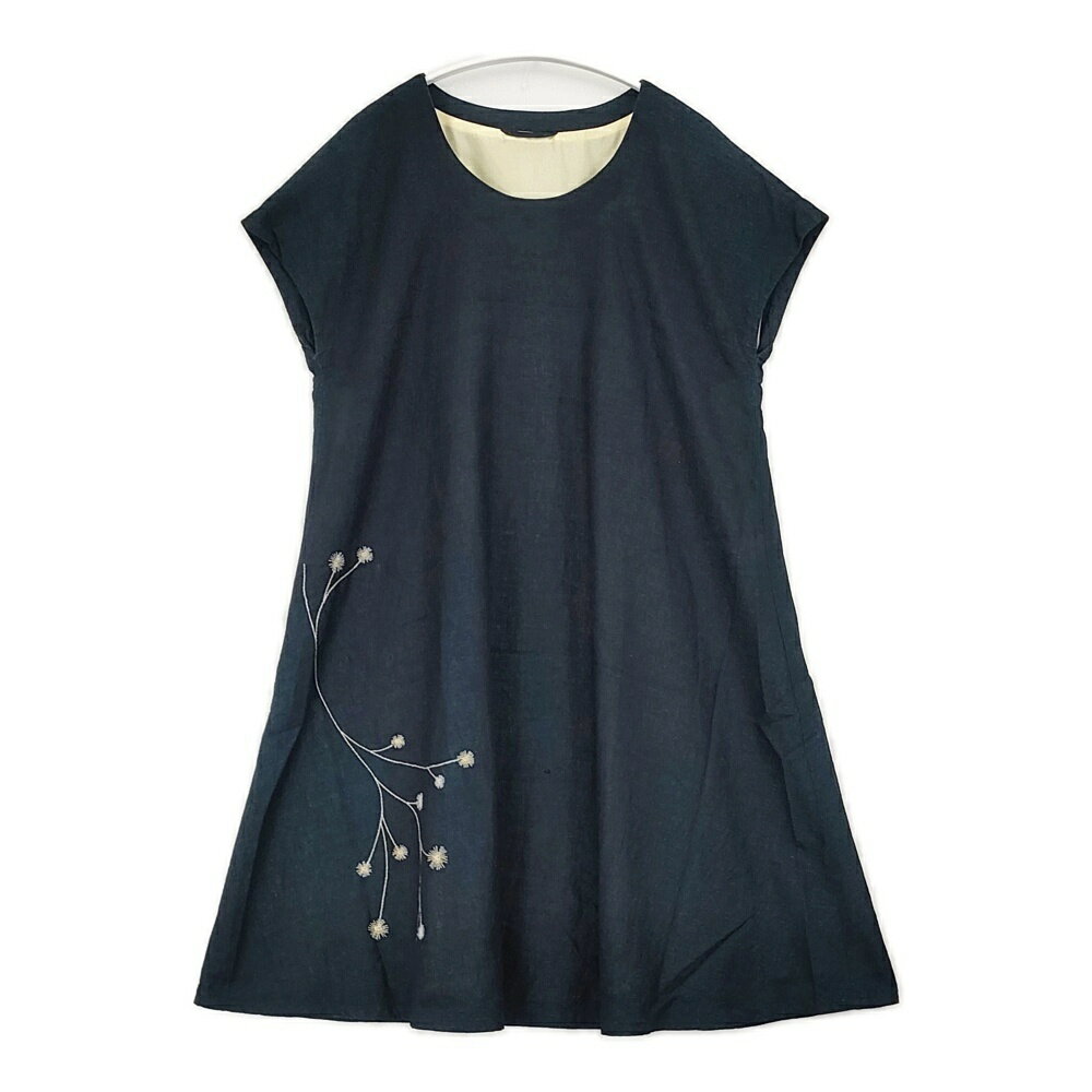 Pal 039 las Palace 刺繍 十日 フレンチスリーブ サイズ0 Uネック ワンピース ネイビー レディース パラスパレス【中古】6-0522S