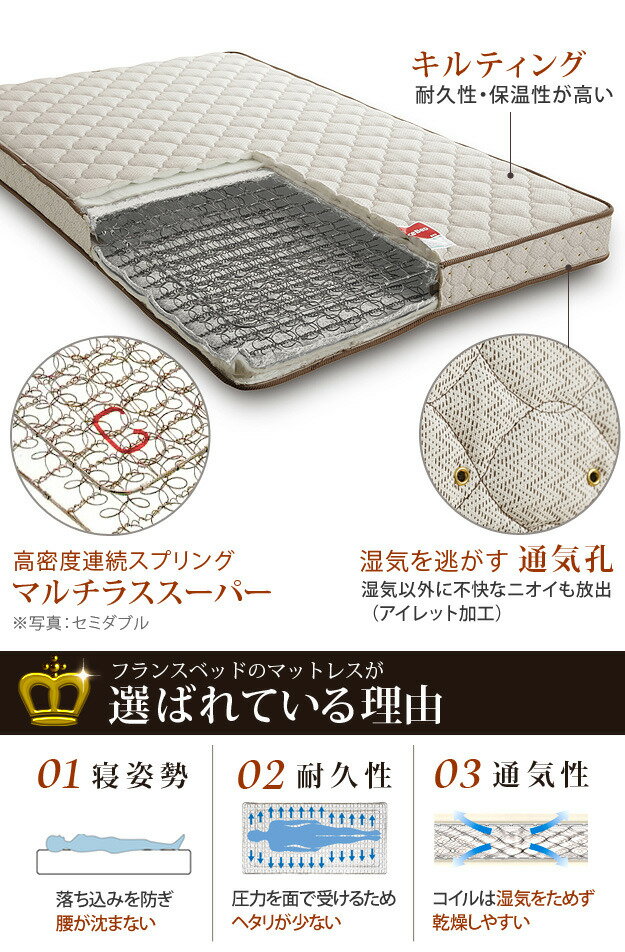 フランスベッド マルチラススーパースプリングマットレス ダブル 高密度連続スプリングマットレス 防ダニ 抗菌 防臭 寝具 日本製 国産 マットレスのみ mu-61400109 マットレス 寝具 送料無料 北欧 モダン 家具 インテリア ナチュラル テイスト 新生活 オススメ おし [3]