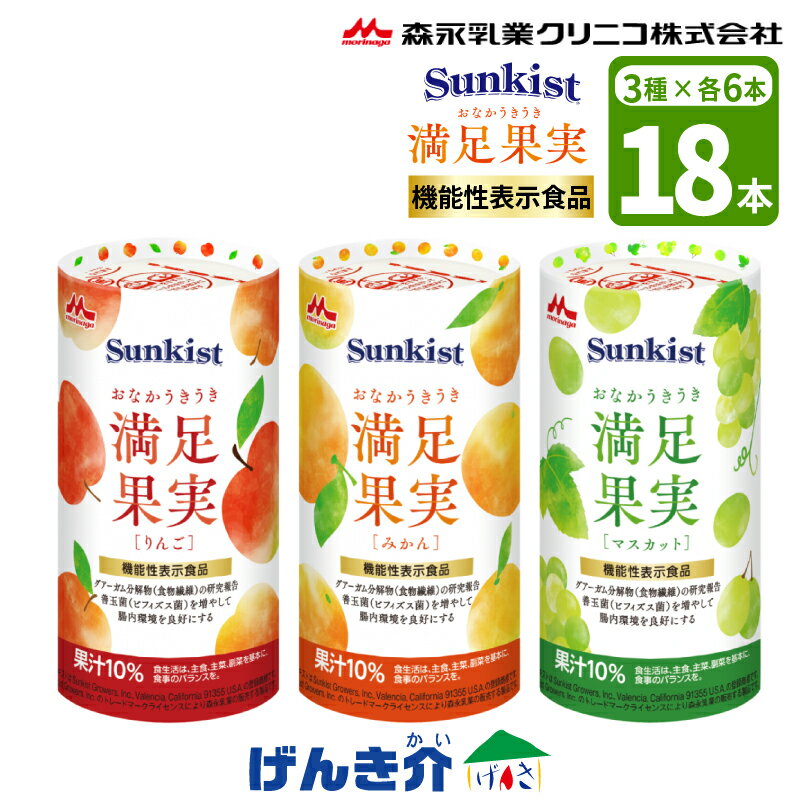 Rakuten - 栄養補助食品 Sunkist サンキストおなかうきうき満足果実いろいろセット 125ml×18本 (3種各6本)りんご味×6本 みかん味×6本 マスカット味×6本機能性表示食品 善玉菌 (ビフィズス菌)グアーガム分解物 (食物繊維)森永乳業クリニコ 食品 K