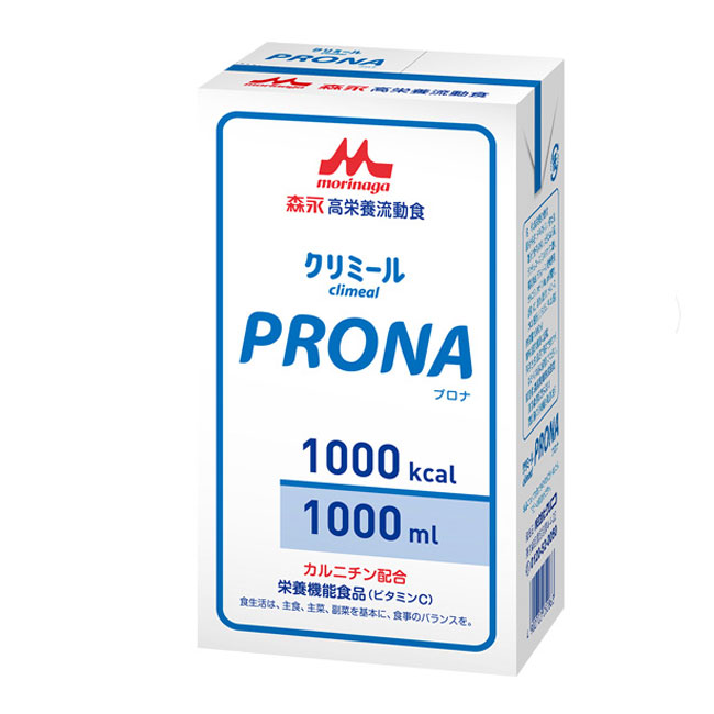 PRONA 紙パック 1000kcal/1000ml PRONAは、たんぱく質、ナトリウムを通常よりも多めに摂取する必要がある方の栄養管理に適した高栄養流動食です。 また、ビタミン、微量元素、EPA等の含量を高め、少ない量のエネルギーしか摂れない方でも、栄養素の不足がないように配慮しています。 毎日でも飲みやすい、味わい豊かなコーンスープ風味に仕上げました。 1.たんぱく質ナトリウムの摂取量に配慮 2.少量でも各種栄養素を摂りたい方に配慮 3.カルニチン配合 4.おなかの調子に配慮 5.味わい豊かなコーンスープ味 ■おすすめポイント たんぱく質・ナトリウムへの配慮 良質な牛乳由来のたんぱく質と大豆たんぱく質を組み合わせています。また、ナトリウム含量を高めています。 1.たんぱく質　5.5g 2.ナトリウム　220mg（食塩相当量0.56g） 100ml（100kcal）当たり カルニチン配合 1.カルニチン　20mg おなかの調子への配慮 食物繊維を強化し、またビフィズス菌増殖因子としてミルクオリゴ糖（ラクチュロース）およびビートオリゴ糖（ラフィノース）を配合しています。 1.食物繊維　1.5g 2.ラクチュロース　0.1g 3.ラフィノース　0.1g 100ml（100kcal）当たり 少量で各種栄養素を充足 1日当たり800ml（800kcal）の摂取で、ビタミンおよび鉄・亜鉛・銅・ヨウ素・セレン・クロム・モリブデンは、日本人の食事摂取基準（2010年版）※の推奨量・目安量を充足します。 1.ビタミンB群 2.ビタミンC 3.鉄 4.亜鉛 5.銅 6.セレン ※厚生労働省策定　日本人の食事摂取基準（2010年版）．第一出版,東京.2010．[50〜69歳 男性] 飲みやすさへの配慮 1.味わい豊かなコーンスープ風味 2.甘い味が苦手な方にもお使いいただけます 内容 1000ml×6パック 賞味期限 ※賞味期限：製造後180日 原材料 デキストリン、植物油、難消化性デキストリン、大豆たんぱく質、ラクチュロース（ミルクオリゴ糖）、精製魚油、ラフィノース、乾燥酵母、カゼインナトリウム、pH調整剤、香料、ビタミンC、塩化カリウム、乳化剤、セルロース、グルコン酸亜鉛、ジェランガム、グルコン酸銅 アレルギー情報 乳、大豆成分が含まれております。