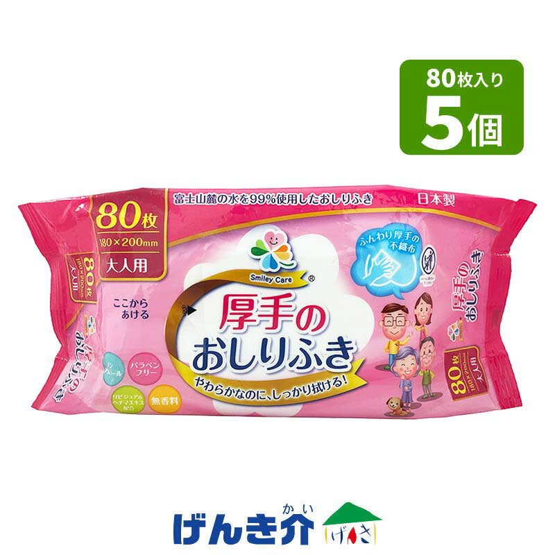 厚手のおしりふき 80枚 (18cm×20cm) おしりふき 大人用 5個セット 日本製 水分99％ ウエットタイプ 肌にやさしいノンアルコール 無香料 流せないタイプ