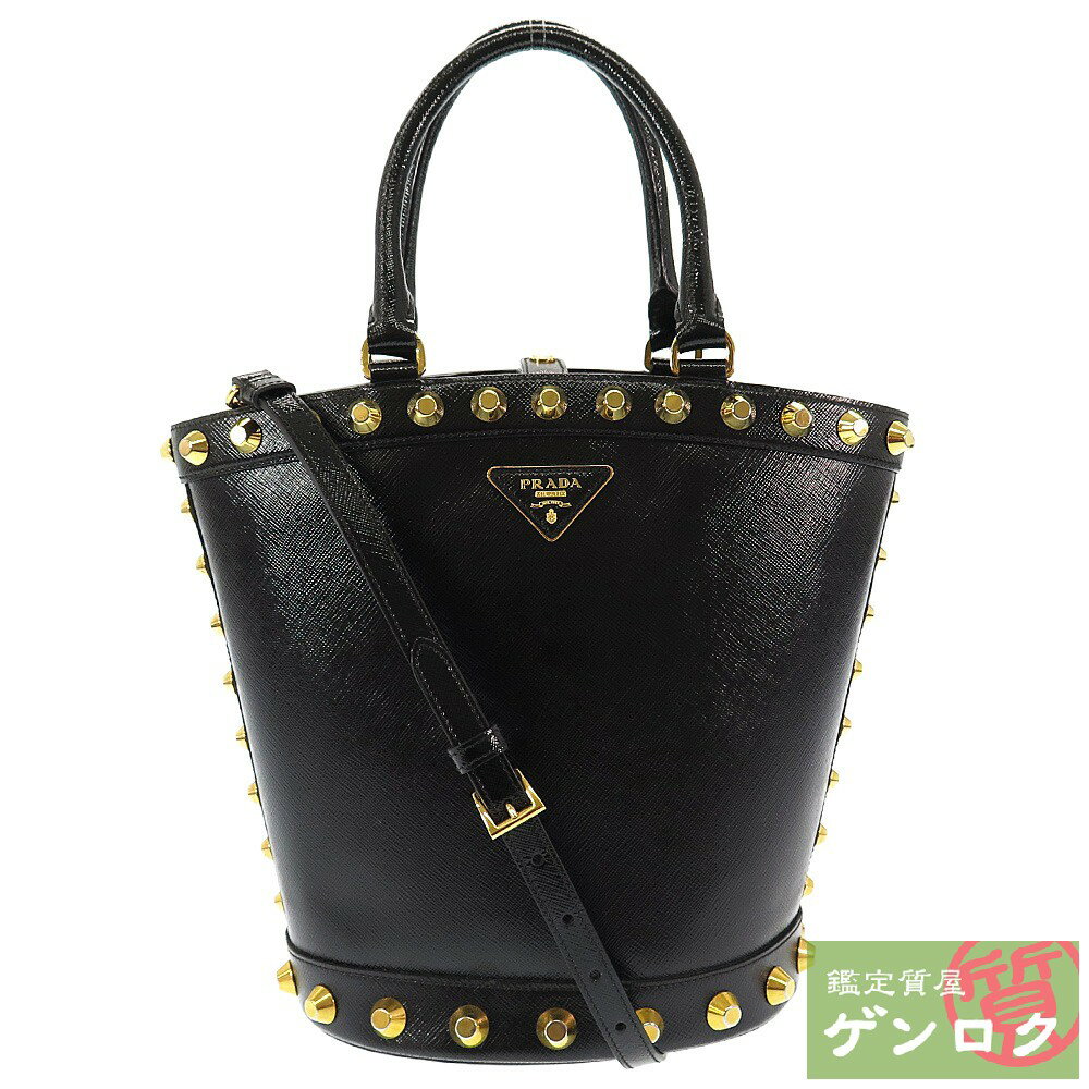 【中古】 プラダ サフィアーノ スタッズ2WAYバッグ ハンドバッグ 2WAY ショルダーバッグ レザー ブラック 黒 PRADA 【質屋】【代引き手数料無料】