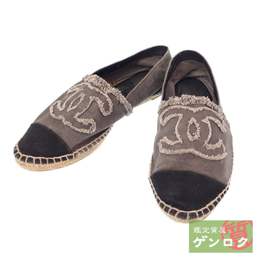 【中古】 シャネル エスパドリーユ スリッポン サイズ:39(24.5) キャンバス グレー×ブラック CHANEL【質屋】【代引き手数料無料】