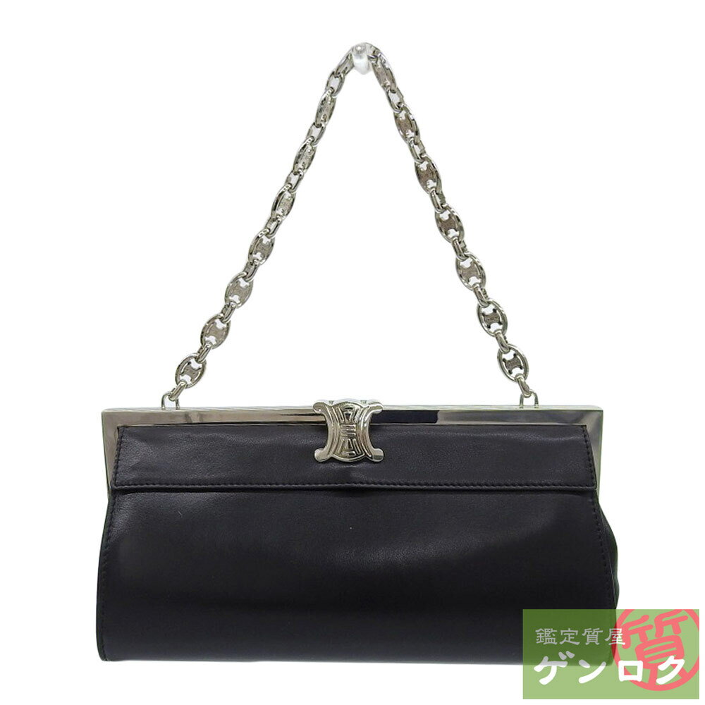 【中古】CELINE セリーヌ トリオンフ ヴィンテージチェーンボーチ ショルダーバッグ ブラック レザー レディース【質屋】【代引き手数料無料】