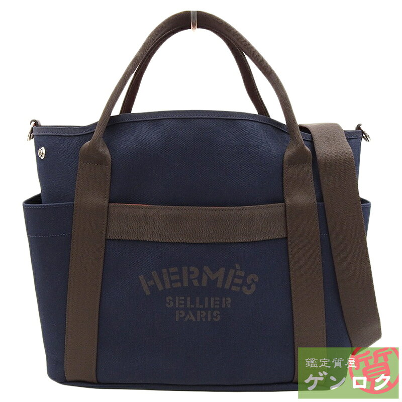 【中古】 エルメス トートバッグ トートバッグ C刻印(2018年) キャンバス ネイビー×ブラウン HERMES【..