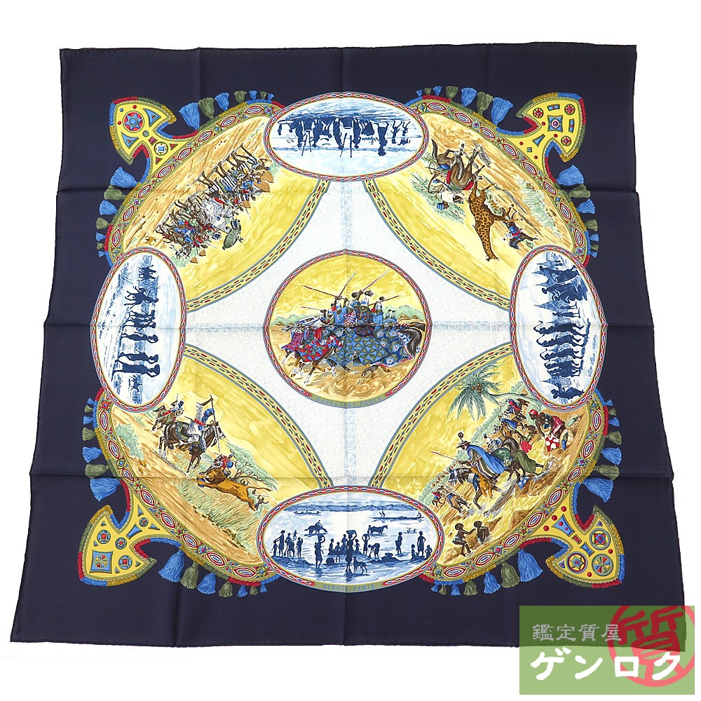 【中古】エルメス カレ 90 プール族の騎手 CAVALIERS PEULS ネイビーク シルク スカーフ HERMES【質屋】【代引き手数料無料】