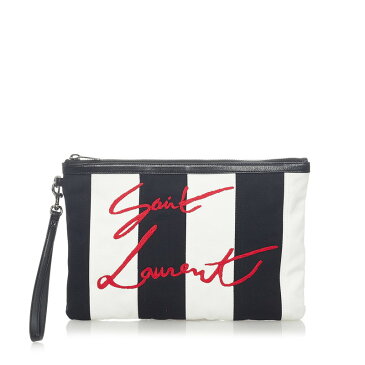 サンローラン ストライプ クラッチバッグ ブラック ホワイト キャンバス レザー レディース SAINT LAURENT 【中古】