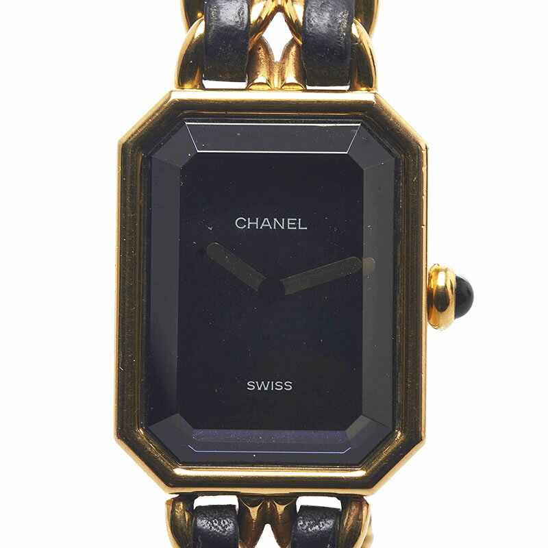 シャネル プルミエールL 腕時計 クオーツ ブラック文字盤 メッキ レザー レディース CHANEL 【中古】