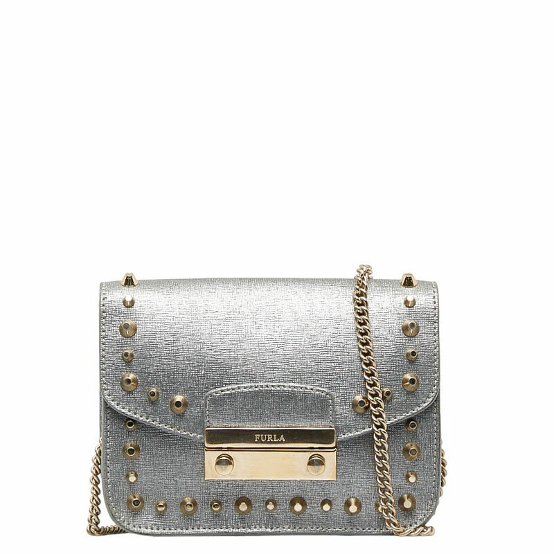 フルラ メトロポリス スタッズ チェーン ショルダーバッグ メタリックシルバー レザー レディース Furla 【中古】