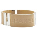 シャネル ヴィンテージ ロゴ ブレスレット ベージュ シルバー レザー メタル レディース CHANEL 【中古】