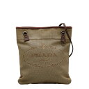 プラダ ロゴ ジャガード 斜め掛け ショルダーバッグ BT0551 ベージュ ブラウン キャンバス レザー レディース PRADA 【中古】