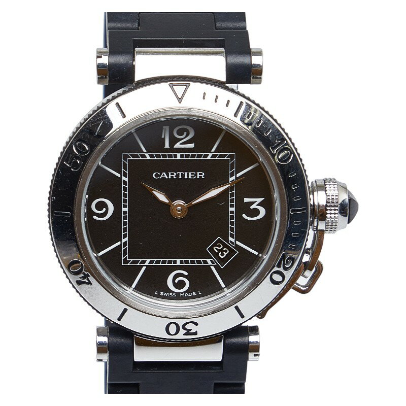 カルティエ パシャ シータイマー 腕時計 W3140003 クオーツ ブラック文字盤 ステンレススチール ラバー レディース CARTIER 【中古】