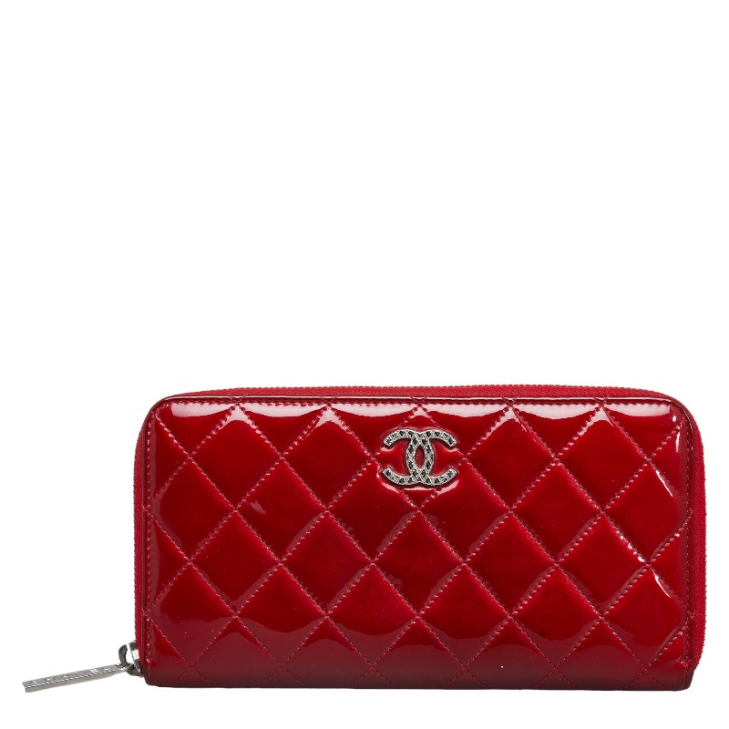 シャネル ブリリアント マトラッセ ココマーク ラウンドファスナー 長財布 レッド エナメル カーフ レディース CHANEL 【中古】