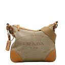 プラダ ロゴジャガード 斜め掛け ショルダーバッグ BT0534 ベージュ キャンバス レザー レディース PRADA 【中古】